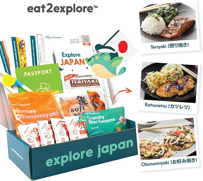 eat2explore Cooking Kits for Kids - Interactive & Educational Set with 3 Recipe Cards, Key Ingredients & Cooking Tools - Ideal Idea for Kids who Love to Create Meals (Japan Edition)
