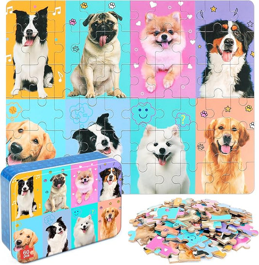 LELEMON Puzzles for Kids Ages 4-6,Dog 60 Piece Puzzles for Kids Ages 4-8,Children Jigsaw Puzzles Kids Puzzles in a Metal Box,Educational Learning Puzzle Toys for Girls and Boys