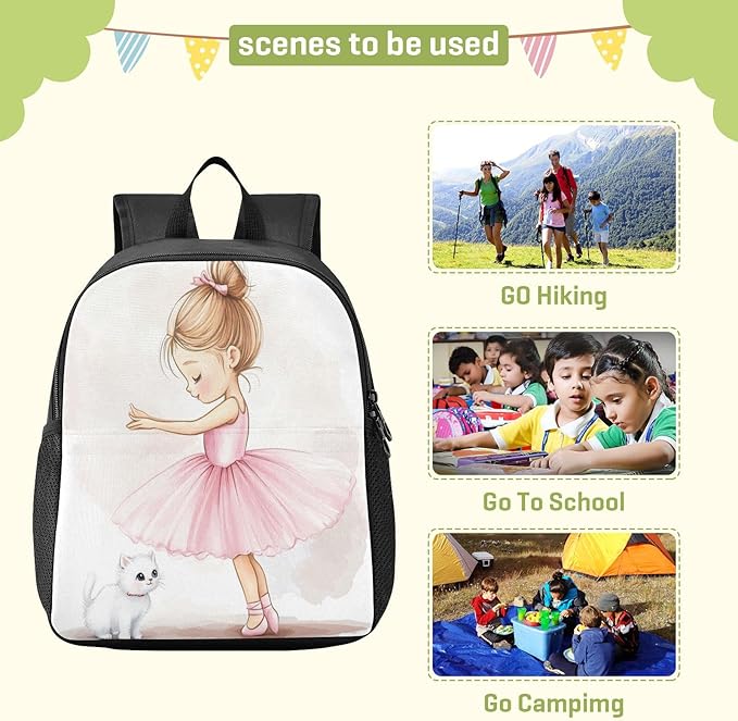 Ballerina Kitten Toddler Backpack for Boys Girls 3-6 Bookbag for Preschool Small Kindergarten Elementary Backpackss for Kids for School
