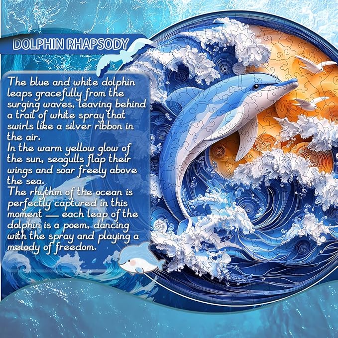 Wooden Jigsaw Puzzle, 200-500 Pieces Unique Shape Animal Puzzle, for Adults & Kids, Birthday Gift Family Game, Decorative Puzzle, Unique Gift (Dolphin Rhapsody, 200 PCS)