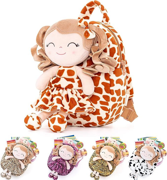 Gloveleya Toddler Backpack Baby Girl Gifts Curly Hair Plush Figures Dress Backpack Kids Backpack Curly Animal - Giraffe 9inches