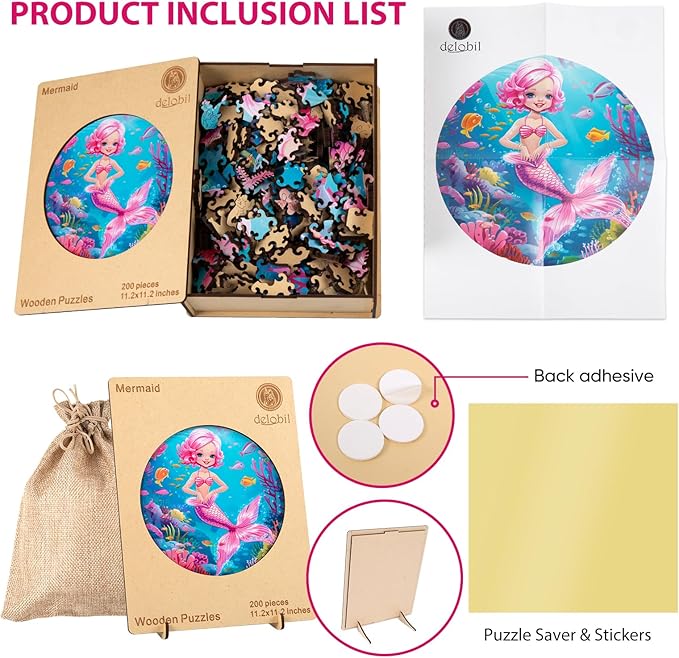 delobil Wooden Puzzles for Adults, Mermaid Jigsaw Puzzles 200 Pieces, Unique Shape Puzzles with Wooden Box, 11.2 x 11.2 Inches Medium Size Family Game Gift, Fun Challenging Puzzles for Adults and Kids