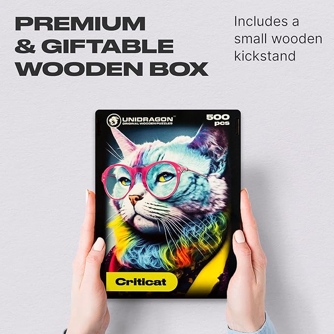 UNIDRAGON Original Wooden Jigsaw Puzzles - Pop Art Glow Up Collection - Criticat - Cat Puzzle 500 Pieces, Beautiful Gift Package, Wooden Puzzle for Adults