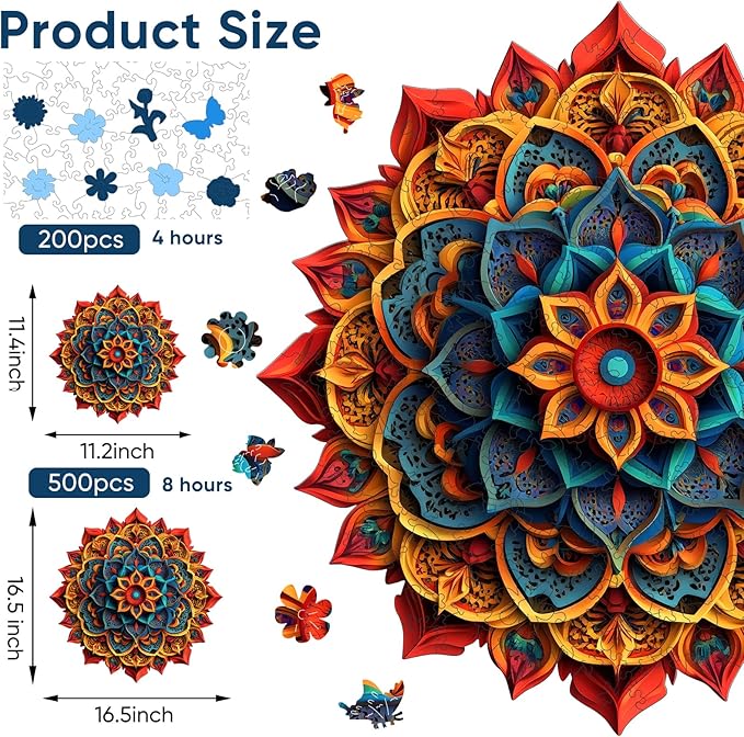 Ruikiyart Wooden Puzzles for Adults, 5MM 200 Pieces 3D Vision Mandala Wooden Jigsaw Puzzle, Unique Shaped Wooden Puzzles for Kids and Adults on Birthday, Thansgiving, Christmas (11.2"*11.2")