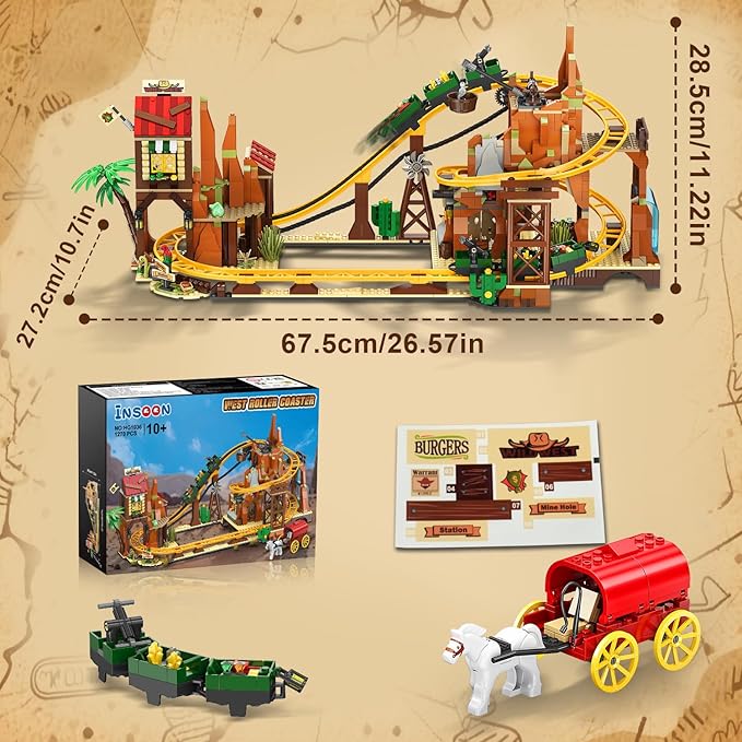 Western Roller Coaster Building Set, Rollercoaster Building Toy with Mine Train, Lifting Chain Drive, Carriage, 1270PCS Mining Coaster Model Playset Gift for Adults Teens Kids Boys Girls 10-12+