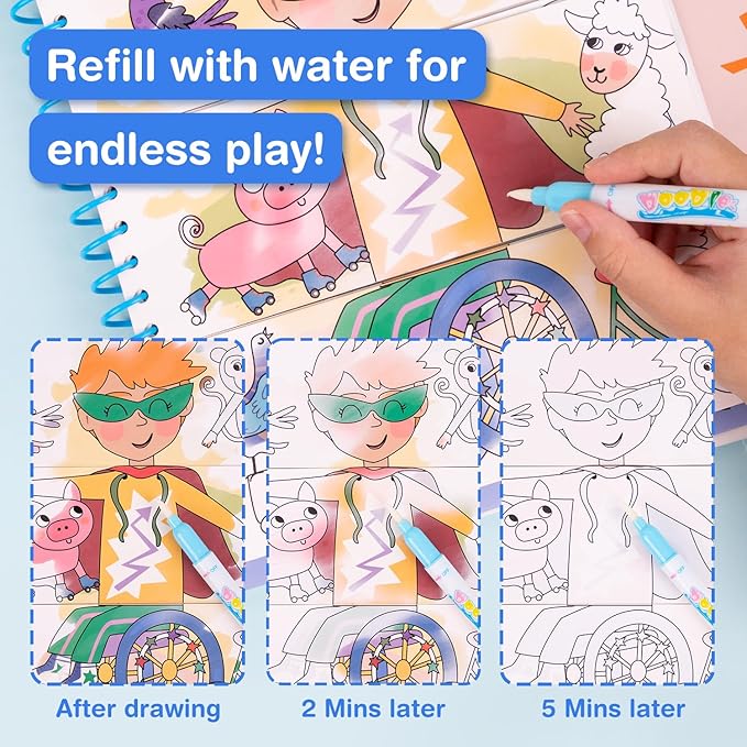 Avenir 4-in-1 Reusable Water Reveal Coloring Books for Toddlers 1-3 & 3-5 | Mess-Free Paint with Water Activity Pad | Portable Travel Road Trip Airplane Educational Creative Set for Kids
