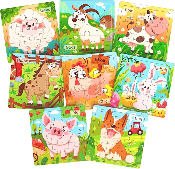 Wooden Puzzles for Toddlers, 8 Pack Farm Animal Jigsaw Puzzles for Kids3-5, 9 Pieces Preschool Learning Activities, Learning & Educational Toys, Gift for Boys, Girls