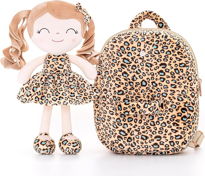 Gloveleya Toddler Backpack Baby Girl Gifts Curly Hair Plush Figures Dress Backpack Kids Backpack Curly Hair Spring Girl - White Leopard 9inches