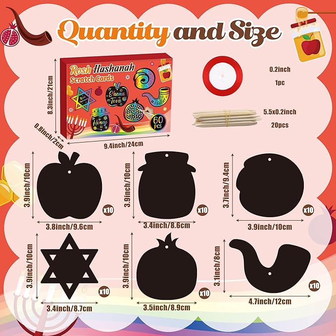 CY2SIDE 60PCS Rosh Hashanah Jewish New Year Scratch Card Gift Set for Kid, DIY Shana Tova Scratch Paper Art for Kids School Activity, Magic Art Rainbow Color Craft for Kids Jewish New Year Party Favor