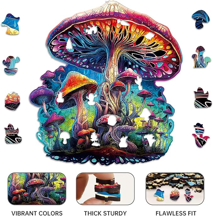 Wooden Jigsaw Puzzle for Adults,Magical Mushrooms Wood Puzzles 300 Piece,Thanksgiving Birthday Gifts Family Game,Unique Shape Puzzle Challenge 14.9 x 14.9 Inch