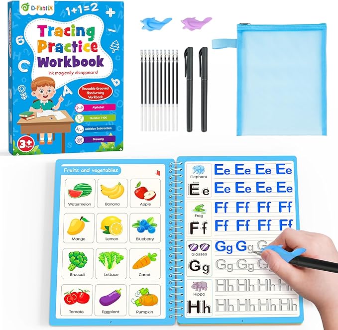 D-FantiX Magic Grooved Writing Practice for Kids Age 3-5, Reusable Grooved Handwriting Practice for Kids 5-7, Learn to Write Letter Tracing Books for Kids Kindergarten Preschool Learning Activities