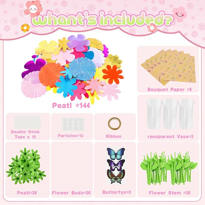 Nicella DIY Fabric Flower Bouquet Toy Accessories (Makes 33 Flowers & 3 Butterflies, 36 Pieces Total)-Creative Flower Market & Arts & Crafts Add-On Kits for Kids