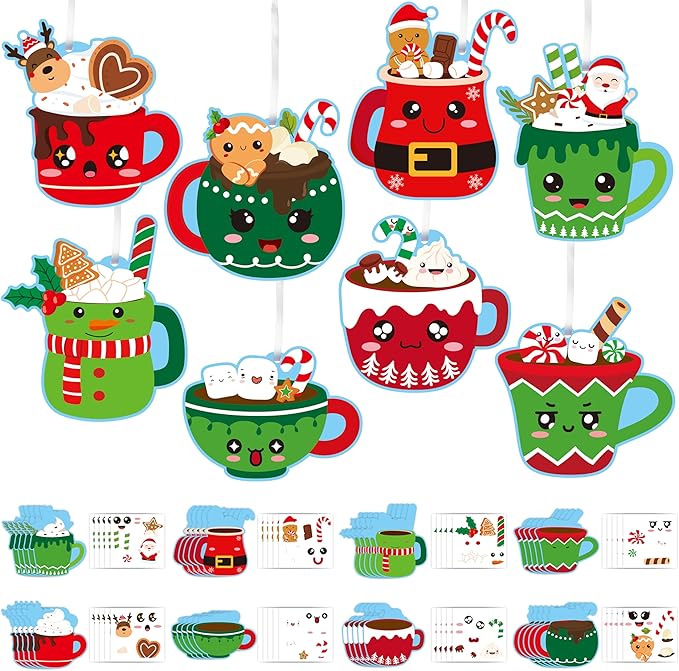 EZdhuawuse Christmas Hot Cocoa Craft Kits - 123 Christmas Hot Cocoa DIY Art Sticker Ornaments for Kids, Make Your Own Xmas Hot Cocoa Coffee Cup Art Hanging Ornaments for Christmas Tree Door Wall Decor