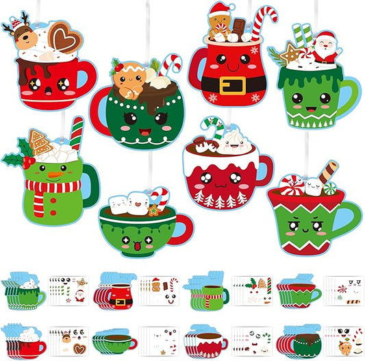 EZdhuawuse Christmas Hot Cocoa Craft Kits - 123 Christmas Hot Cocoa DIY Art Sticker Ornaments for Kids, Make Your Own Xmas Hot Cocoa Coffee Cup Art Hanging Ornaments for Christmas Tree Door Wall Decor