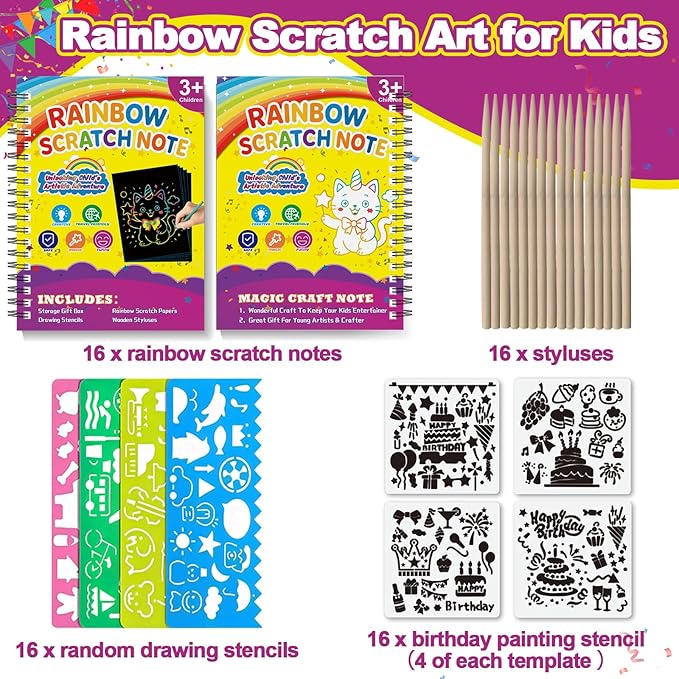 Scratch Art for Kids: 16 Pack Rainbow Scratch Paper Party Favors - Art Crafts Notebook Suitable for Birthday Gifts/School Crafts Kit/Classroom Prizes for Girls and Boys Aged 4-12