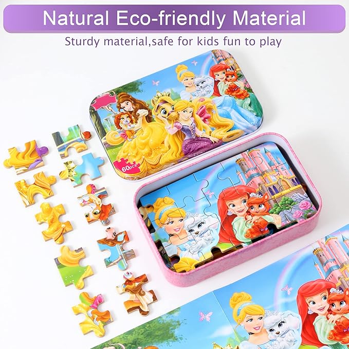Princess Puzzles for Kids Ages 4-8, 60 Pieces for Kids Ages 3-5 Princess Puzzle for Girls and Boys Toys Jigsaw Puzzles in a Metal Box Educational Puzzles (Princess)