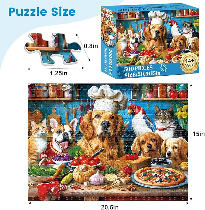 500 Piece Puzzles for Adults, Funny Puppy Animal Jigsaw Puzzles, Food Kitchen Jigsaw Puzzle, Animal Pet Lover Challenging Puzzles for Friends Family Activity Game Nights Gifts, 20.5×15 in