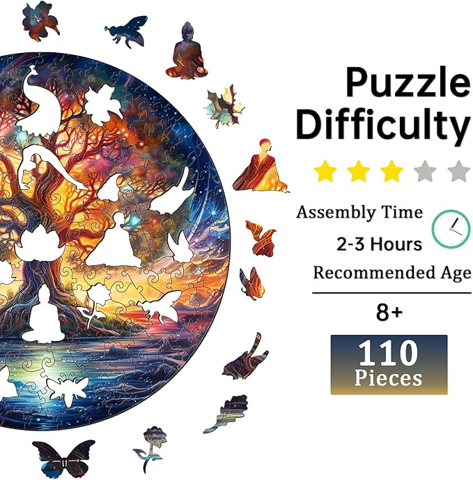 Jigfoxy Wooden Puzzles for Adults, Tree of Life Wood Puzzles Adult, Unique Animal Shape Wooden Jigsaw Puzzles for Adults, Birthday Gifts for Puzzle Lovers, Family, Friend (S-8.3 * 8.3in-110 pcs)