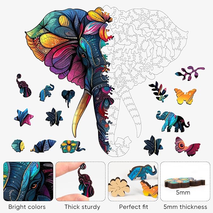 Ruikiyart Wooden Puzzles for Adults, 5MM 200 Pieces Mandala Elephant Jigsaw Puzzles Unique Shapes, Animal Puzzles Gift for Kids and Adults on Birthday,Thanksgiving,Christmas (11.8"x12.8")