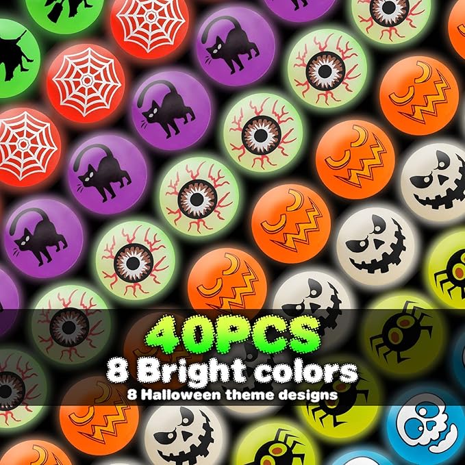 40 Glow in The Dark Bouncing Balls, 8 Halloween Theme Designs, Party Favor Supplies, Trick or Treating Goodie Bag Filler, School Classroom Game Rewards, Miniatures (with Pouch Bag)