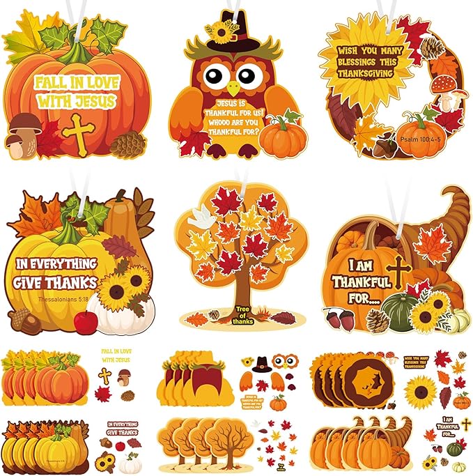 Outus 48 Pcs Religious Fall Crafts for Kids - Autumn Harvest Pumpkin Jesus Stickers, Thanksgiving DIY Craft Hanging Ornaments for Christian Classroom Activities