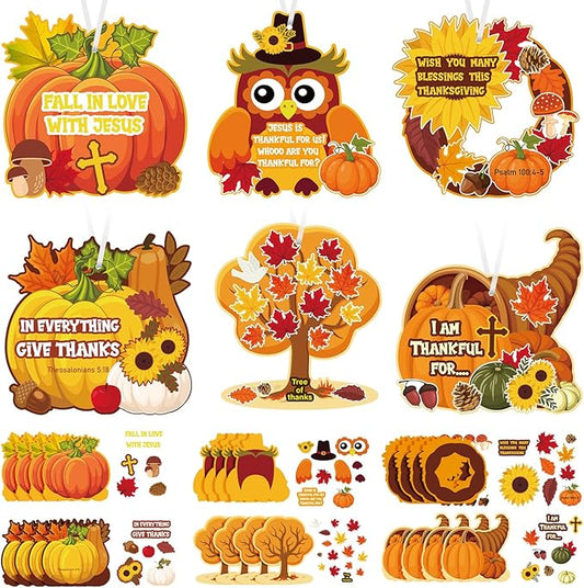 Outus 24 Pcs Religious Fall Crafts for Kids - Autumn Harvest Pumpkin Jesus Stickers, Thanksgiving DIY Craft Hanging Ornaments for Christian Classroom Activities