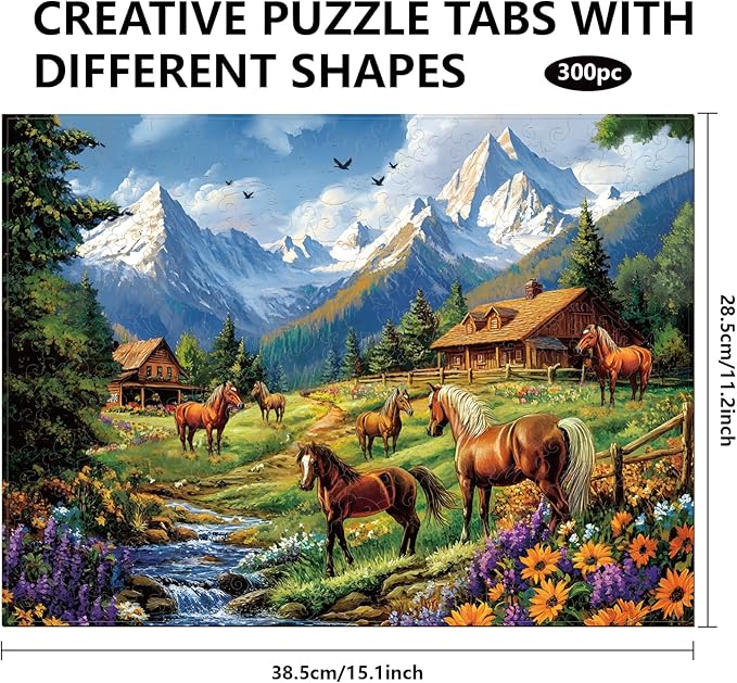 GLOBLELAND 300Pcs Horse Landscape Wooden Jigsaw Puzzles for Adults 11.22x15.16inch Colorful Horse Wood Puzzles for Holidays Birthday Gifts