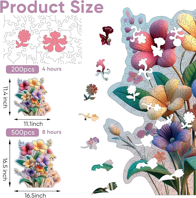 Ruikiyart Wooden Puzzles for Adults, 5MM 500 Pieces Flower Wooden Jigsaw Puzzles, Floral Puzzle Unique Shaped Gifts for Adults and Kids on Thanksgiving, Christmas Family Puzzle Games (16.5"*16.5")
