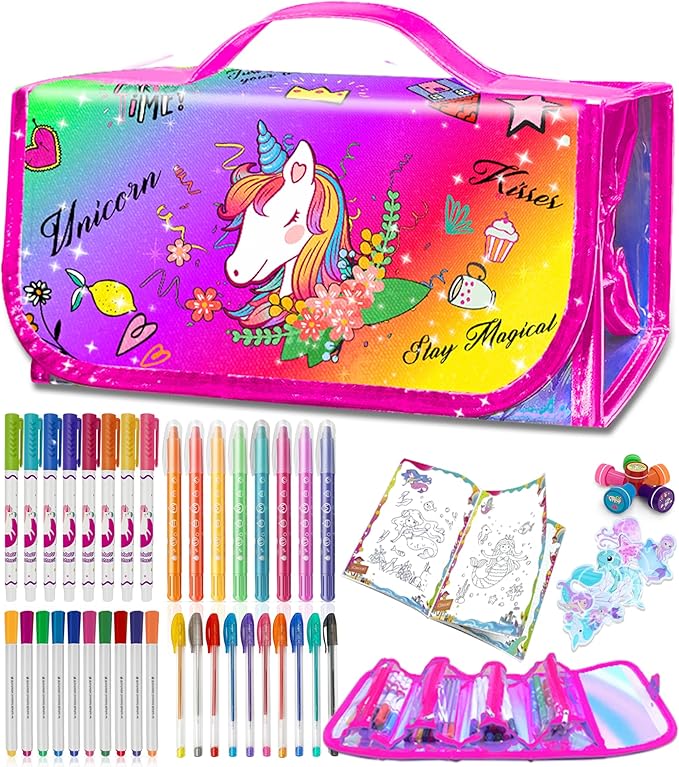 weirtoya 56 PCS Washable Scented Markers Set with Glitter Pencil Case, Mermaid Unicorn Arts and Crafts for kids 4-6-8 Kids Coloring Drawing Kits for 4-8 Years Old Girls Birthday Gifts