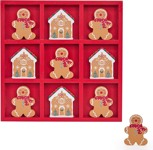 GENMOUS Christmas Tic Tac Toe Game Board Indoor Game, 10.6 Inch Rustic Giant Tic Tac Toe with Gingerbread Man and Igloo, Xmas Coffee Table Decor, Fun for Home Room Holiday Decorations
