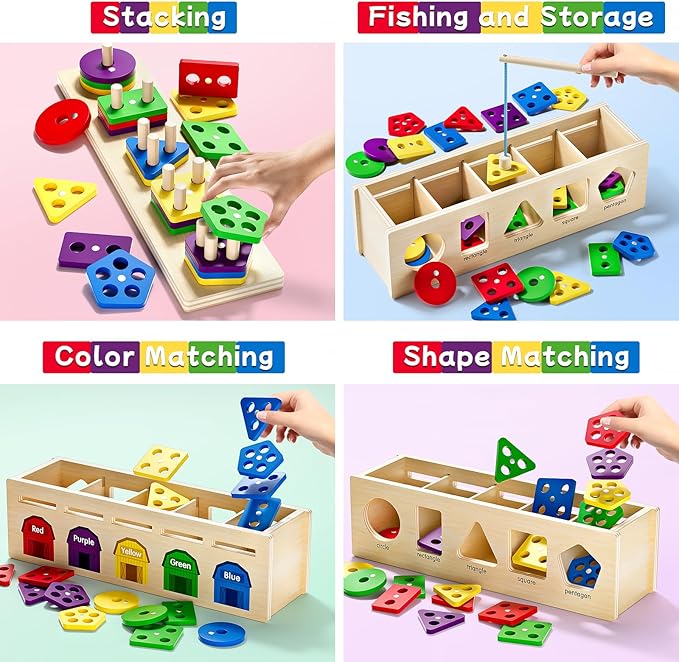 Montessori 4 in 1 Wooden Sorting Shape Sorter and Stacking Toy Box Color Matching Counting Fishing Game Preschool Educational Toys for Toddler 1 2 3 Years Baby Boys and Girls Gifts