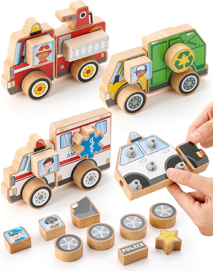 SainSmart Jr. Emergency Vehicle Toys Snap & Take-Apart, Wooden Car Toys for Toddlers, Including Play Police Car, Fire Truck, Garbage Truck, Ambulance - Montessori Gifts for Preschool Children
