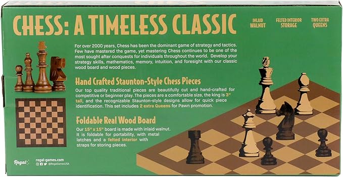 Regal Games Wooden Chess Sets for Adults with Folding Chess Board (15 x 15) & Wood Chess Pieces | Travel & Portable Table Games for Fun Family Game Night