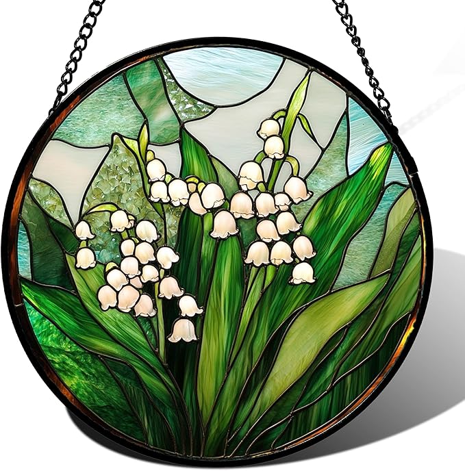Stained Glass Window Hanging - White Green Lily of The Valley Suncatcher for Doors Garden Terrace Plant Sun Catchers Decor Mother's Day Birthday Flowers Gifts for Women Men Mom 11.8 in