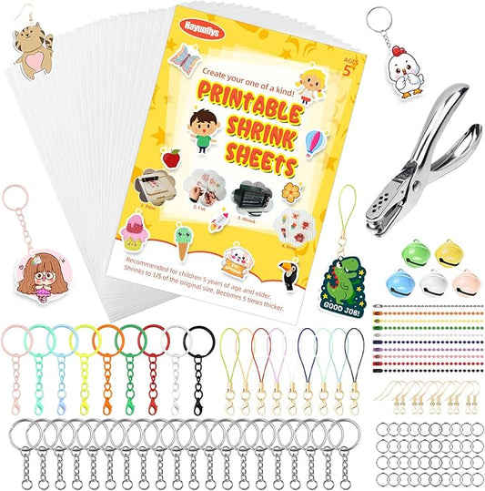 Hayunfiys Shrinky Plastic Sheets Kit, Shrink Paper Keychains and Open Iron Ring for Kids DIY Creative Craft Marking (181 PCS)