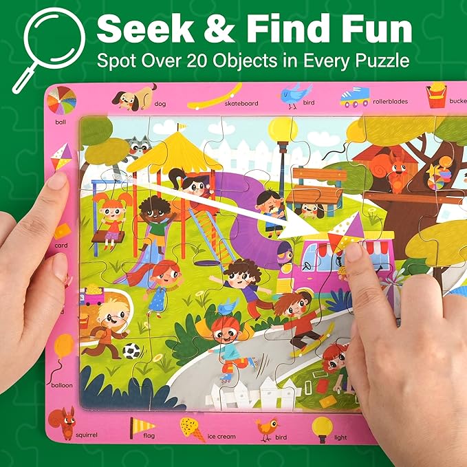 BenBen Large Wooden Puzzles for Kids Ages 4-6, 6 Pack 24 Piece Search and Find Puzzles for Toddlers 3-5, Educational Learning Toys Gifts for 3 4 5 Year Old Boys Girls