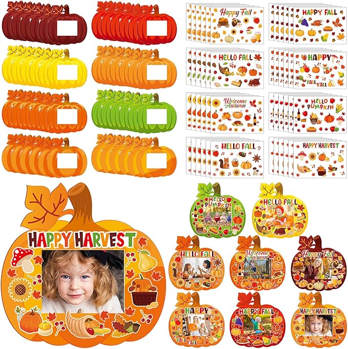 Jetec 48 Sets Fall DIY Picture Frames Craft Kit Autumn Thanksgiving Pumpkin Photo Frames Ornaments for Thanksgiving Decorations Favor Fall Art Gift Home Activities
