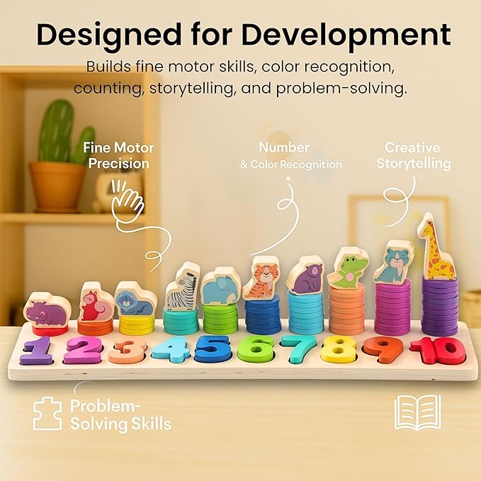 Safari Wooden Number Puzzle – 3 Year Old Girl Gifts, Educational Toys for 4 Year Old, Wooden Puzzles for Toddlers 3+, Learning for 3 Year Olds, Montessori Preschool Activities, Toddler Toys 3-5