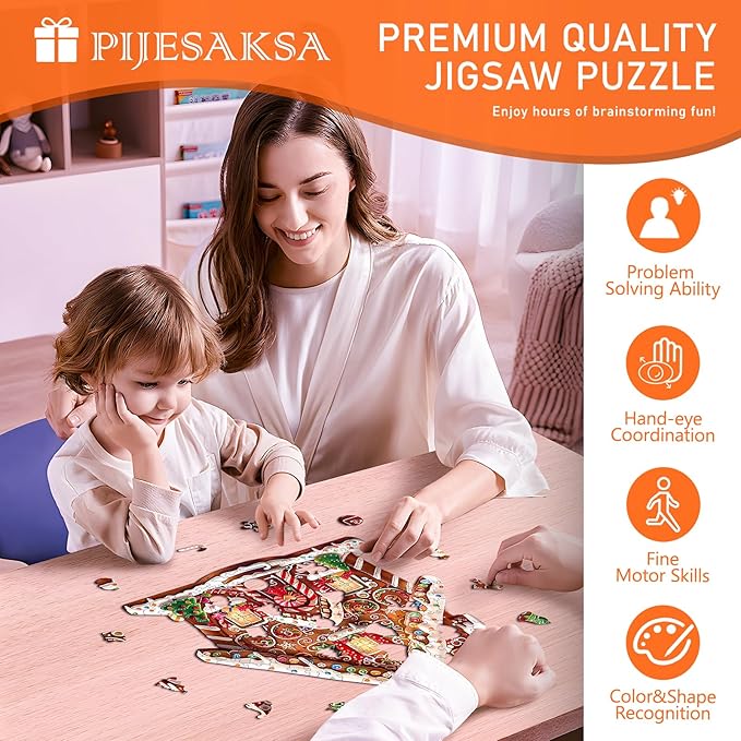 Wooden Puzzles for Adults, Christmas Gingerbread House Wooden Jigsaw Puzzle, Unique Shape Wood Puzzles Adult, Presents for Family, Wall Art Home Decor (M-11.2 * 11in- 185 Pieces)