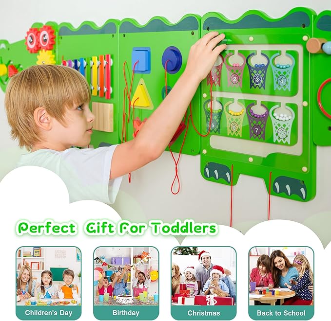 Crocodile Sensory Toys Activity Wall Panels - Montessori Busy Board, Toddler Learning Panel, Wall-Mounted Playroom/Daycare Educational Toys, Interactive Wooden Gift for Kids 3-6, Green