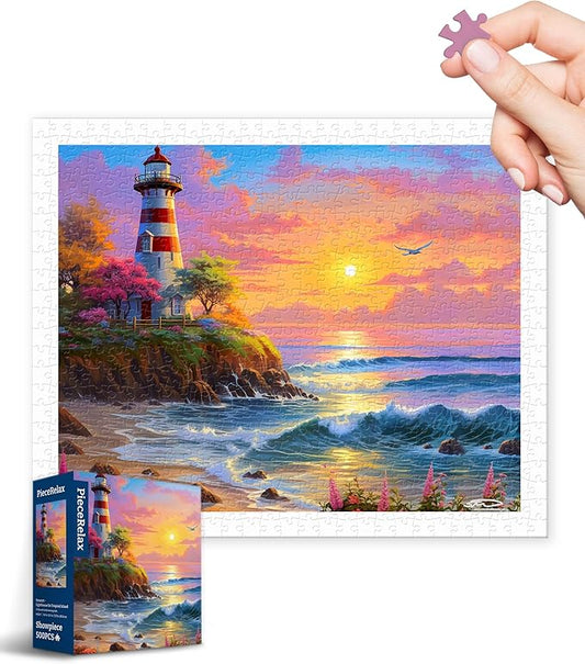 PieceRelax Plastic Jigsaw Puzzles for Adults 500 Pieces - Stewart - Lighthouse On Tropical Island Most Satisfying Table Games and Gifts No Puzzle Mat Required [H3521]