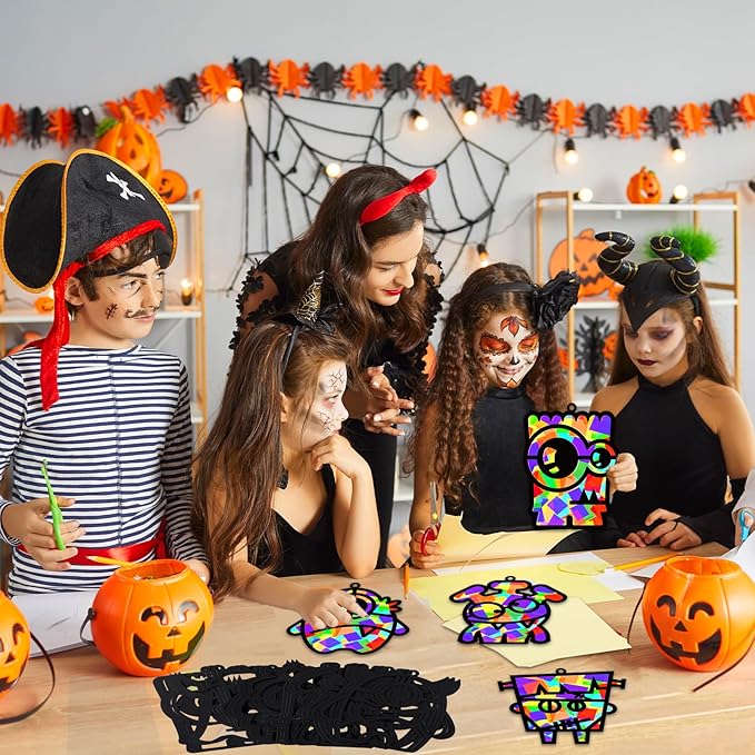 32 Sets Halloween Monster Suncatchers Craft Kit DIY Window Stained Glass Effect Halloween Monster Paper Crafts Home School Classroom Decoration Kid Birthday Gift Creative Art Project Activity Game