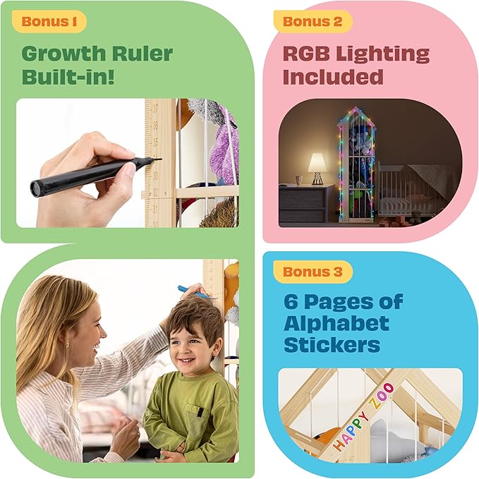 Stuffed Animal Zoo Storage Cage | Wooden Plush Tower Storage | Durable Plush Toy Stuffie Holder | Vertical Jail Organizer with Height Ruler, Stickers & RGB Light (Large)