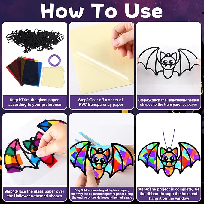 QOUBAI 32 Sets Halloween Bats Suncatchers Craft Kit DIY Window Stained Glass Effect Halloween Bats Paper Crafts Home School Classroom Decoration Kid Birthday Gift Creative Art Project Activity Game