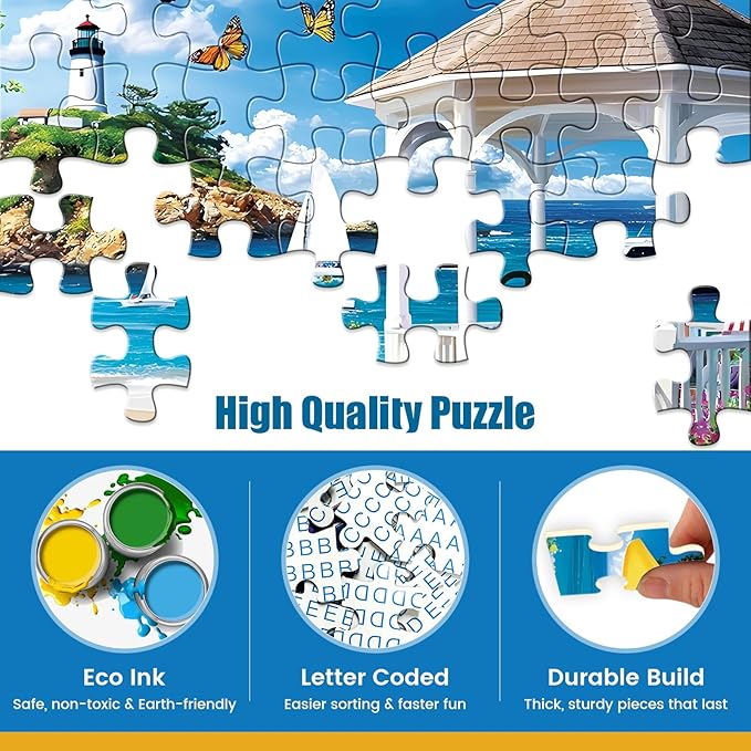 300 Piece Puzzles for Adults,Ocean Beach Jigsaw Puzzle for Adults Kids Elderly,Large Piece Oceanside Puzzle for Kids Age 8-10 10-12,Challenging Summer Puzzle with Letters on Back,Great Gift 20.5x15in
