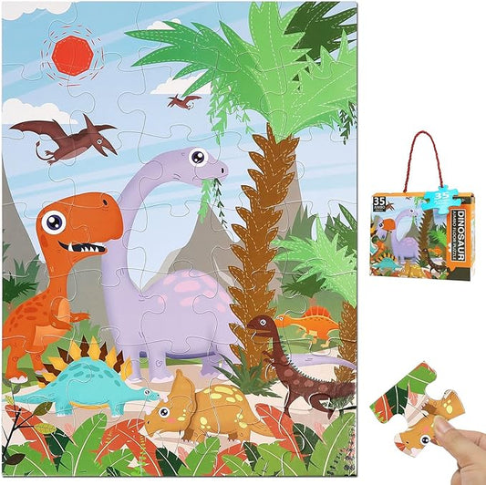 35 Piece Jumbo Dinosaur Puzzle for Kids Ages 3-6, Educational Large Floor Puzzles with Bonus Puzzle Sticker Sheets, Perfect Learning Toy Gift for Boys and Girls