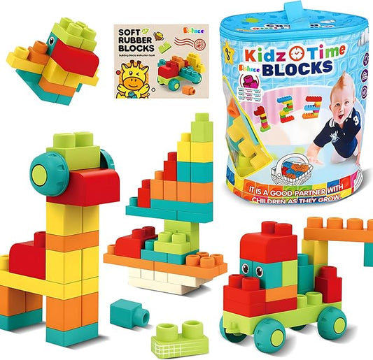 Soft Building Blocks STEM Montessori Preschool Learning Stacking Sensory Toys, Large Construction Block Set, Rubber Blocks 12-18 Months Block Bag with 42 Pieces and Storage
