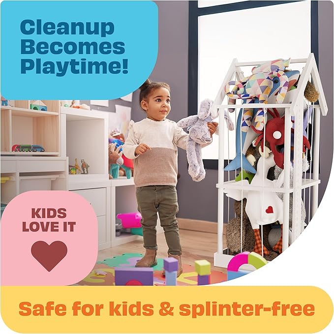 Stuffed Animal Zoo Storage Cage | Wooden Plush Tower Storage | Durable Plush Toy Stuffie Holder | Vertical Jail Organizer With Height Ruler, Stickers & Rgb Light (White)