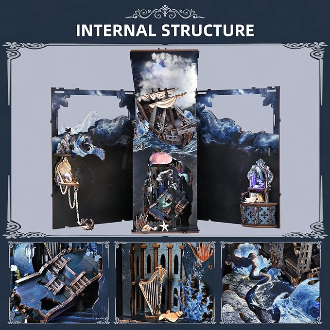 Book Nook Kit, DIY Doll House Booknook, Miniature Kit for Bookshelf Doll Houses for Adults Teen Halloween, 3D Wooden Puzzle Bookends with Led Light and Dust Cover (Sirens Song)