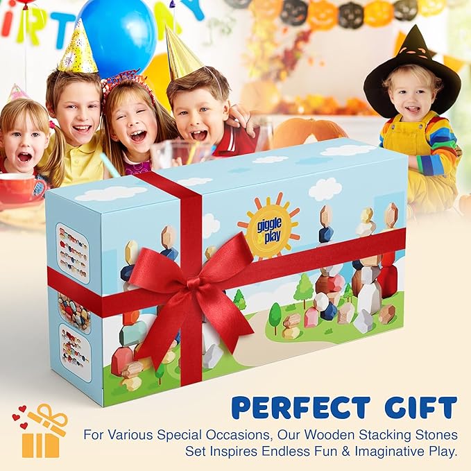 Giggle & Play - 40 Pcs Wooden Stacking Stones Set, Montessori Toys for 3+ Year Old, Stacking Blocks for Fine Motor Skills & Creativity, Multicolor Playset for Toddlers & Kids, Free Storage Bag